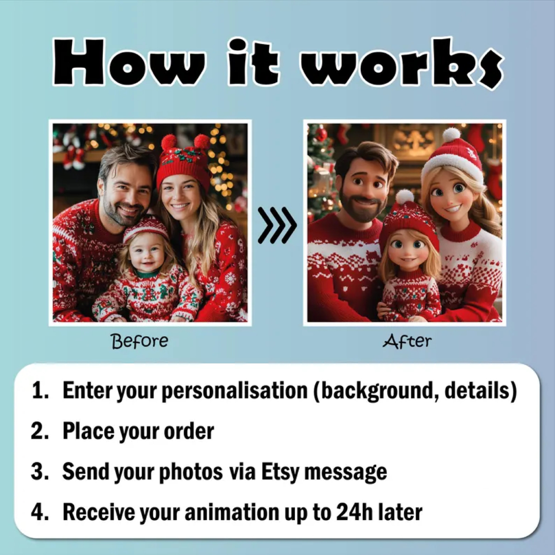 Custom Cartoon Portrait Personalised Christmas Gift Pixar Style Portrait from Photo Digital Portrait Gift for Christmas Personalised Cartoon